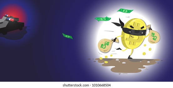 Bitcoin golden hacker steals money from the bank. Banner minimalism style with police car flashing lights. Flat design with crypto currency hype vector illustration with blank space. Eps 10 vector.