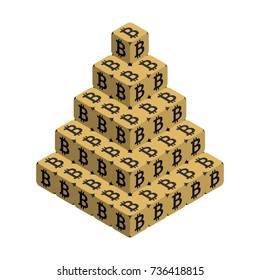 Bitcoin. Golden Large Bitcoin Pyramid. Isometric Pyramid consisting of Cubes with Black Bitcoin Sign on the Sides. Isolated Cubic Figure on White background