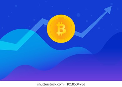 Bitcoin golden symbol concept gradient vector illustration of huge growth up trend on cryptocurrency markets. Abstract financial graphs with gold coin and big arrow going up on blue background