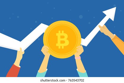 Bitcoin golden symbol concept vector illustration of huge growth on cryptocurrency markets. Flat human hands hold gold coin and other hold big white arrow going up on blue background