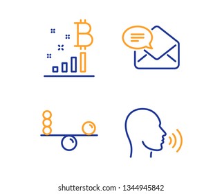 Bitcoin graph, Balance and New mail icons simple set. Human sing sign. Cryptocurrency analytics, Concentration, Received e-mail. Talk. Business set. Linear bitcoin graph icon. Colorful design set