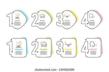Bitcoin graph, Balance and New mail icons simple set. Human sing sign. Cryptocurrency analytics, Concentration, Received e-mail. Talk. Business set. Infographic timeline. Line bitcoin graph icon