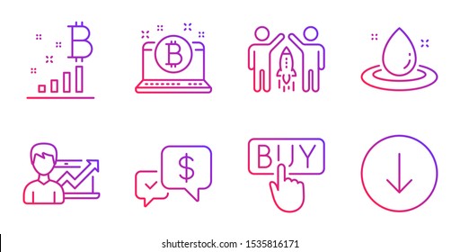 Bitcoin graph, Buying and Payment received line icons set. Success business, Bitcoin and Fuel energy signs. Partnership, Scroll down symbols. Cryptocurrency analytics, E-commerce shopping. Vector
