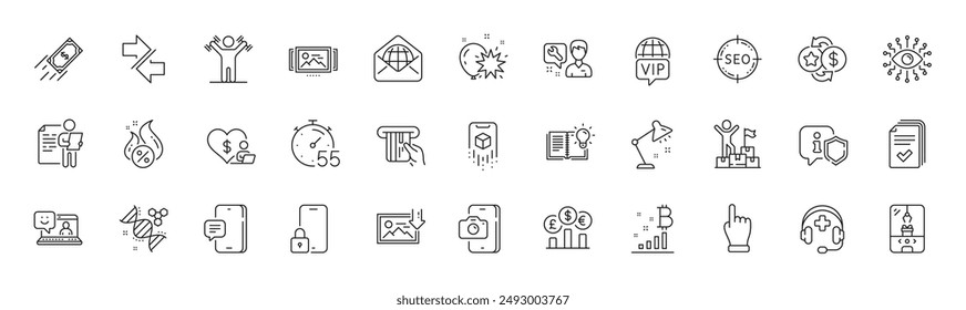 Bitcoin graph, Currency rate and Phone message line icons. Pack of Artificial intelligence, Product knowledge, Job interview icon. Timer, Augmented reality, Volunteer pictogram. Line icons. Vector