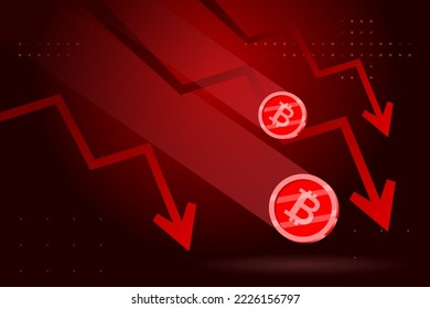 Bitcoin graph falling down vector illustration. Cryptocurrency price crash.Crypto coin burning red. Cryptograph stock market investment crisis, bear market.