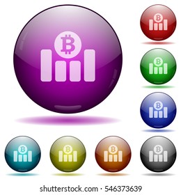 Bitcoin graph icons in color glass sphere buttons with shadows
