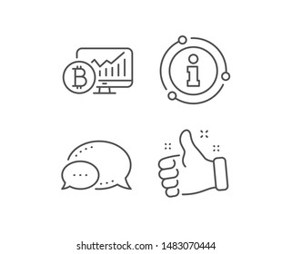 Bitcoin graph line icon. Chat bubble, info sign elements. Cryptocurrency analytics sign. Crypto money statistics symbol. Linear bitcoin chart outline icon. Information bubble. Vector