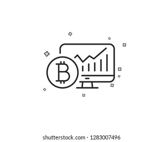Bitcoin graph line icon. Cryptocurrency analytics sign. Crypto money statistics symbol. Geometric shapes. Random cross elements. Linear Bitcoin chart icon design. Vector