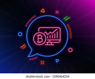 Bitcoin graph line icon. Neon laser lights. Cryptocurrency analytics sign. Crypto money statistics symbol. Glow laser speech bubble. Neon lights chat bubble. Vector