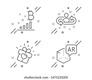 Bitcoin graph, Love gift and Recruitment line icons set. Augmented reality sign. Cryptocurrency analytics, Heart present, Manager change. Virtual reality. Business set. Vector
