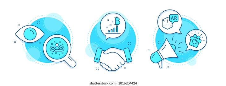 Bitcoin graph, Love gift and Recruitment line icons set. Handshake deal, research and promotion complex icons. Augmented reality sign. Cryptocurrency analytics, Heart present, Manager change. Vector