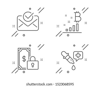 Bitcoin graph, Private payment and Approved mail line icons set. Chemistry pipette sign. Cryptocurrency analytics, Secure finance, Confirmed document. Laboratory. Education set. Vector