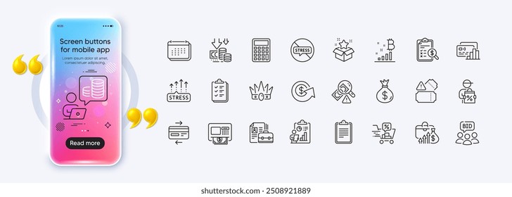Bitcoin graph, Report and Money bag line icons for web app. Phone mockup gradient screen. Pack of Dollar exchange, Stress grows, Vacancy pictogram icons. Vector