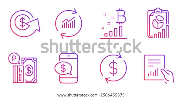 Bitcoin graph, Report and Parking payment line\
icons set. Usd exchange, Phone payment and Update data signs.\
Dollar exchange, Document symbols. Cryptocurrency analytics,\
Presentation chart.\
Vector