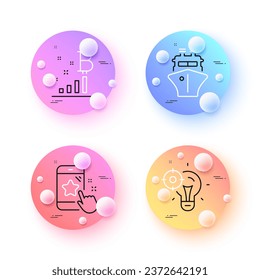 Bitcoin graph, Seo idea and Ship minimal line icons. 3d spheres or balls buttons. Star rating icons. For web, application, printing. Cryptocurrency analytics, Performance, Shipping watercraft. Vector