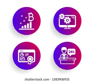 Bitcoin graph, Settings and Seo certificate icons simple set. Halftone dots button. Reception desk sign. Cryptocurrency analytics, Cogwheel tool, Statistics. Hotel service. Business set. Vector