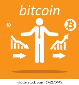 Bitcoin with graphics with grows. man in center.