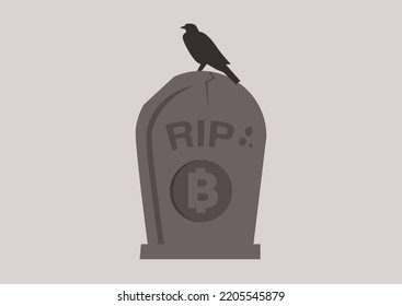 A bitcoin gravestone with a spooky bird silhouette sitting on top of it, a cryptocurrency crisis