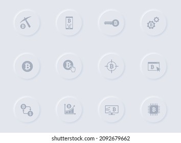 bitcoin gray vector icons on round rubber buttons. bitcoin icon set for web, mobile apps, ui design and promo business polygraphy