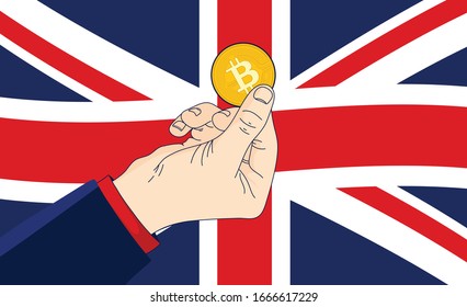 Bitcoin Great Britain - hand holding coin in front of the British flag Union Jack.	