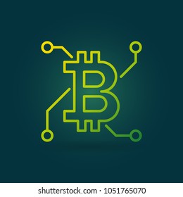 Bitcoin green vector concept linear icon or logo element on dark background