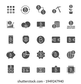 bitcoin grey silhouette vector icons isolated on white. bitcoin cryptocurrency icon glyph set for web, mobile apps, ui design and print