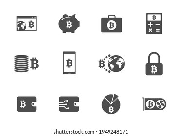 bitcoin grey silhouette vector icons isolated on white. bitcoin cryptocurrency icon set for web, mobile apps, ui design and print
