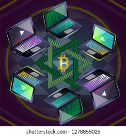 Bitcoin group of six laptops on sri yantra background with hexagram vector illustration