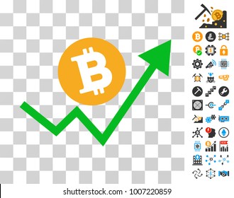 Bitcoin Grow Up Trend icon with bonus bitcoin mining and blockchain pictograms. Vector illustration style is flat iconic symbols. Designed for crypto-currency ui toolbars.
