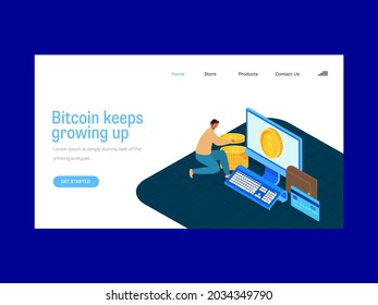 Bitcoin Growing Based Landing Page Design In Blue And White Color.