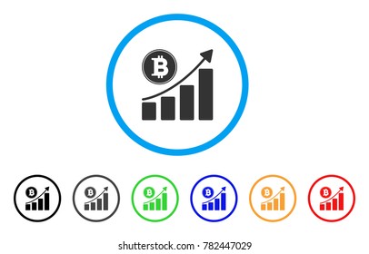 Bitcoin Growing Chart rounded icon. Style is a flat gray symbol inside light blue circle with bonus colored versions. Bitcoin Growing Chart vector designed for web and software interfaces.