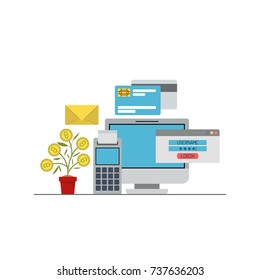 bitcoin growing with computer account and credit cards and calculator vector illustration