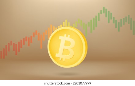 Bitcoin growing concept with exchange rate graphic. Vector 3d illustration
