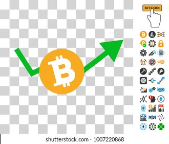 Bitcoin Growing Trend icon with bonus bitcoin mining and blockchain pictograms. Vector illustration style is flat iconic symbols. Designed for crypto currency websites.