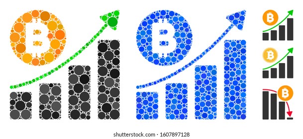 Bitcoin growing trend mosaic of small circles in variable sizes and color tinges, based on Bitcoin growing trend icon. Vector small circles are grouped into blue mosaic.