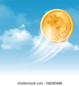 Bitcoin grows. Digital currency. Cryptocurrency. Golden shiny coin with bitcoin symbol fly up on clouds background. Virtual money concept. Vector illustration.