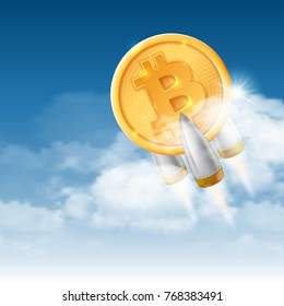 Bitcoin grows. Digital currency. Cryptocurrency. Golden shiny coin with bitcoin symbol fly up on clouds background. Virtual money concept. Vector illustration.