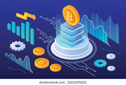 Banner de crecimiento de bitcoin. Criptodivisa y minería, tecnología moderna y blockchain. Invertir en el mercado de valores y el comercio, la alfabetización financiera y los ingresos pasivos. Ilustración vectorial isométrica de dibujos animados