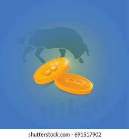 Bitcoin growth or bull market concept: Two vector gold coins with bitcoin signs, bull silhouette and growth graph on a background. Bitcoin bull run.