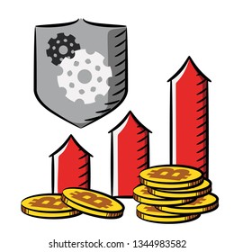 Bitcoin Growth Chart. Сoins, up arrow on white background. Icon. Symbol. Sign. Stock vector illustration. Isolated.