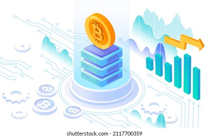 Bitcoin growth concept. Charts, graphs and diagrams, cryptocurrencies and investments. Financial literacy and savings. Digital world and modern technologies. Cartoon volumetric vector illustration