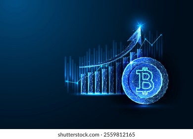 Bitcoin growth concept with glowing cryptocurrency coin and rising chart on dark blue background. Digital finance, blockchain technology, investment, economic trends. Futuristic vector illustration.