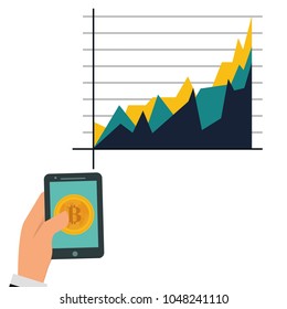 Bitcoin growth concept. Human hand holding a smartphone with bitcoin logo on touchscreen. Vector illustration.