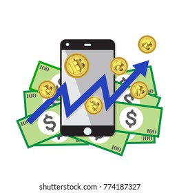 Bitcoin growth concept Payment and trade on smartphone symbol Bitcoin revenue illustration Stacks of gold coins like income graph with bitcoinVector illustration isolated on background svg