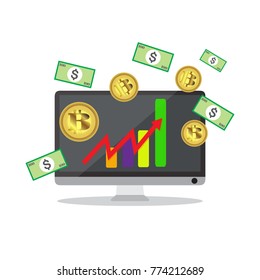 Bitcoin growth concept Payment and trade on computer symbol Bitcoin revenue illustration Stacks of gold coins like income graph with bitcoin Vector illustration isolated on background svg