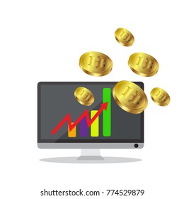 Bitcoin growth concept Payment and trade on computer symbol Bitcoin revenue illustration Stacks of gold coins like income graph with bitcoinVector illustration isolated on background svg