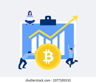 Bitcoin growth concept. Bitcoin revenue illustration. Analysts shows a report with excellent indicator. Bitcoin coin. Business success. Trendy flat style. Vector illustration.