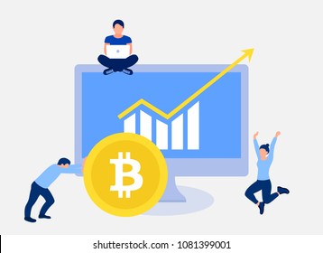 Bitcoin growth concept. Bitcoin revenue illustration. Analysts shows a report with excellent indicator. Bitcoin coin. Business success. Trendy flat style. Vector illustration.
