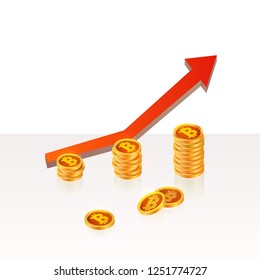 Bitcoin up growth concept. Bitcoin revenue illustration. Stacks of gold coins like income graph with bitcoin. Red arrow 3d. Vector isometric design, isolated on white background