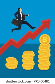 Bitcoin growth concept. Bitcoin revenue illustration. Stacks of gold coins like income graph with bitcoin. Vector illustration isolated on colored background. Bitcoin runner. A pile of coins